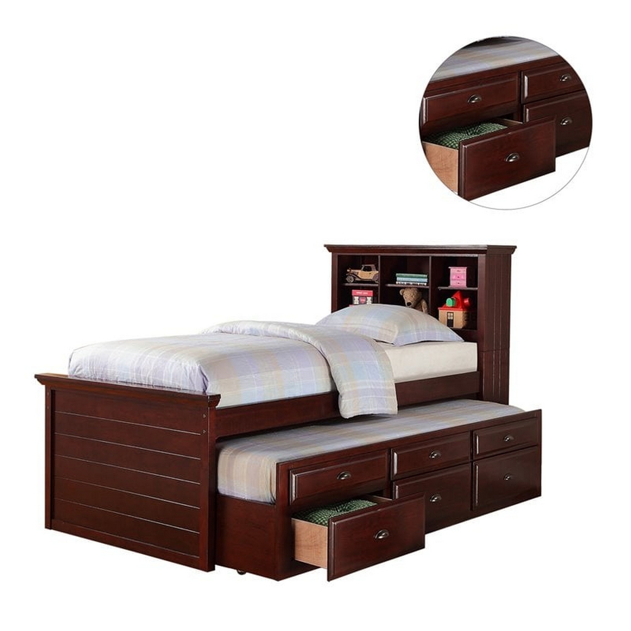 Toni Twin Size Trundle Bed With 6 Drawers, Bookcase Headboard, Brown Wood- Saltoro Sherpi