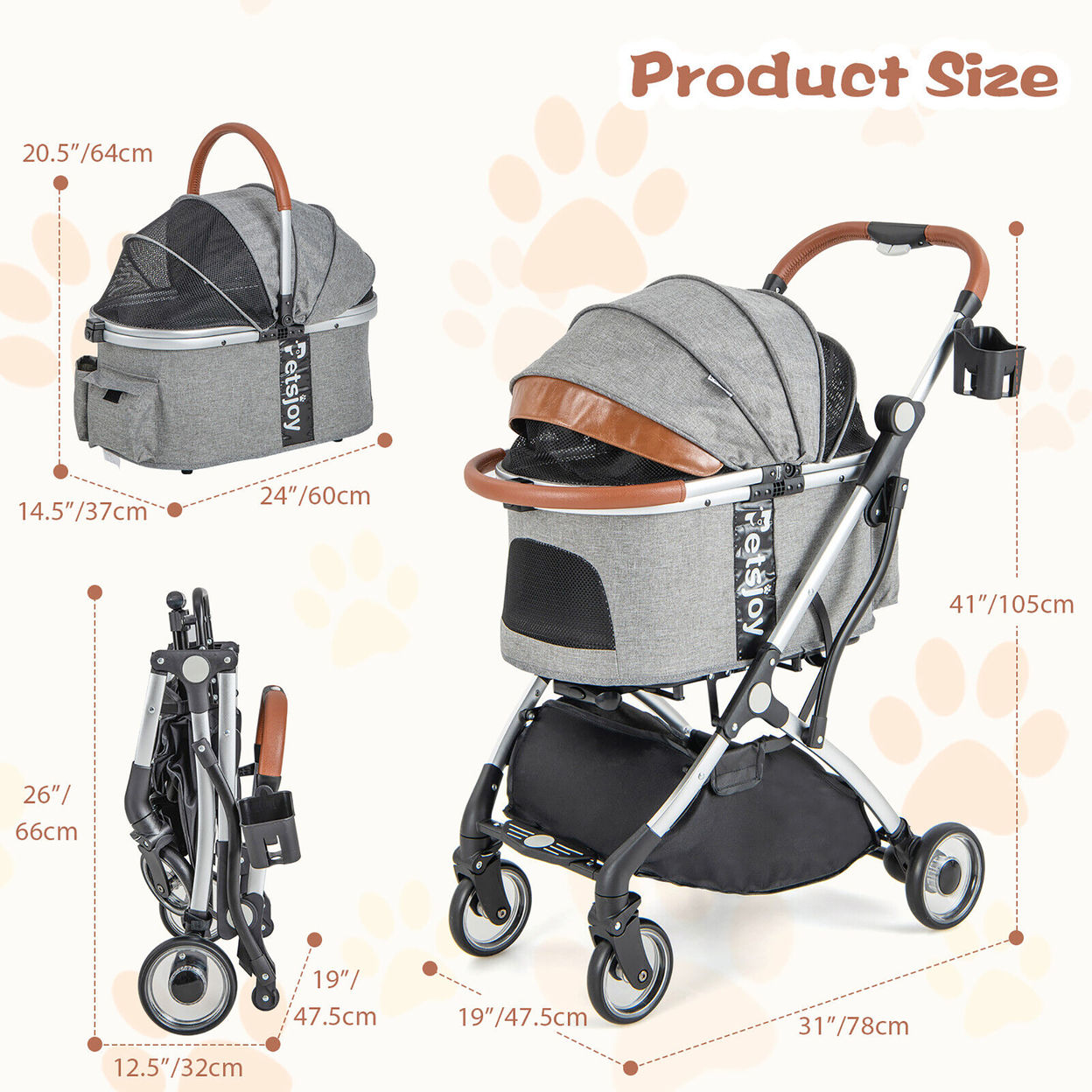 3-in-1 Pet Stroller Foldable Dog Cat Travel Carrier With Cover & Storage Basket