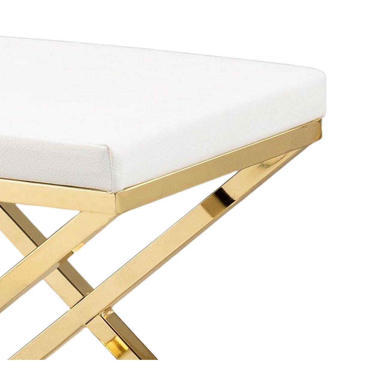 Sumi 18 Inch Stool, Padded Seat, White Faux Leather, Crossed Gold Legs - Saltoro Sherpi
