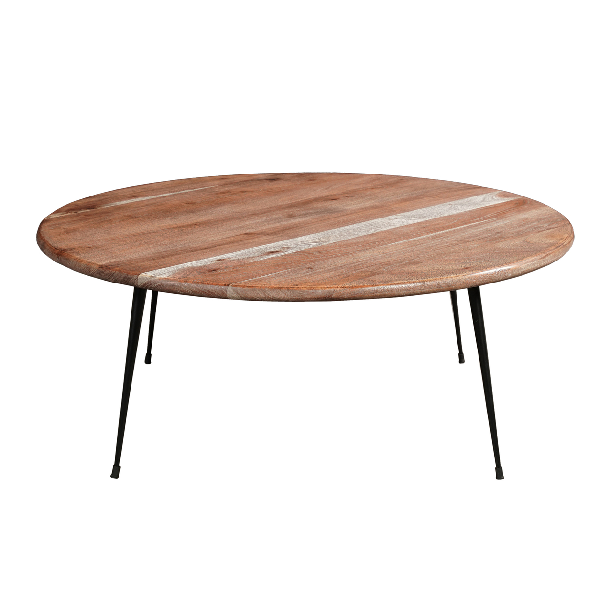 35 Inch Coffee Table, Round Sandblasted Brown Acacia Wood Top, Sleek Iron Legs - Saltoro Sherpi