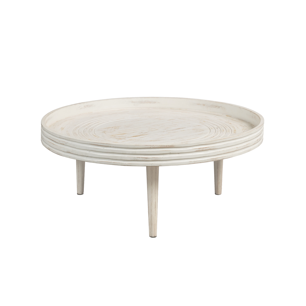 33 Inch Coffee Table, Solid Mango Wood, Handcrafted Round Grooved Raised Edge, Distressed White - Saltoro Sherpi