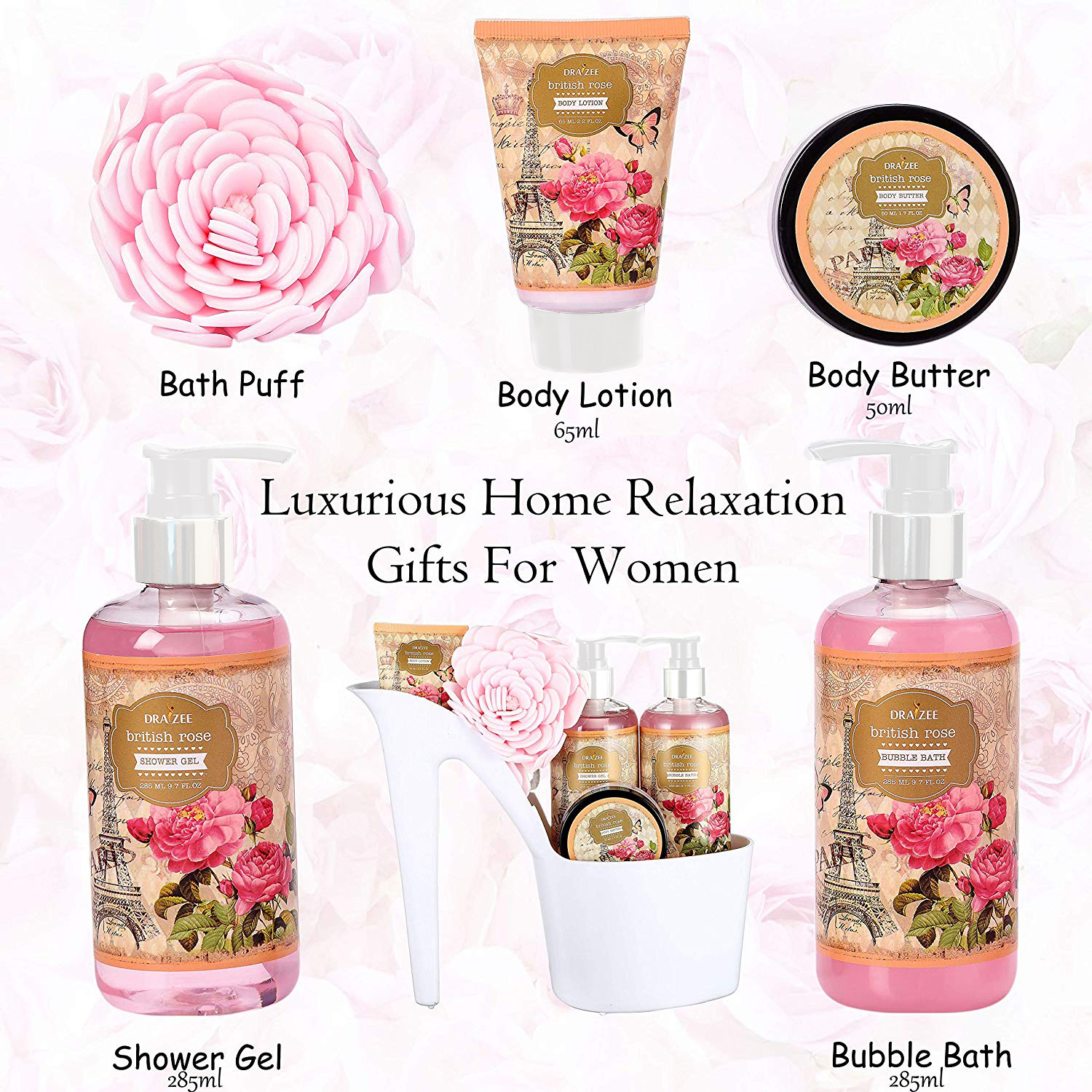 Set Of 3 Draizee 15 Pcs Scented Spa Gift Basket Rose, Jasmine, White Tea With Shower Gel, Bubble Bath, Body Butter & Lotion, Soft Bath Puff
