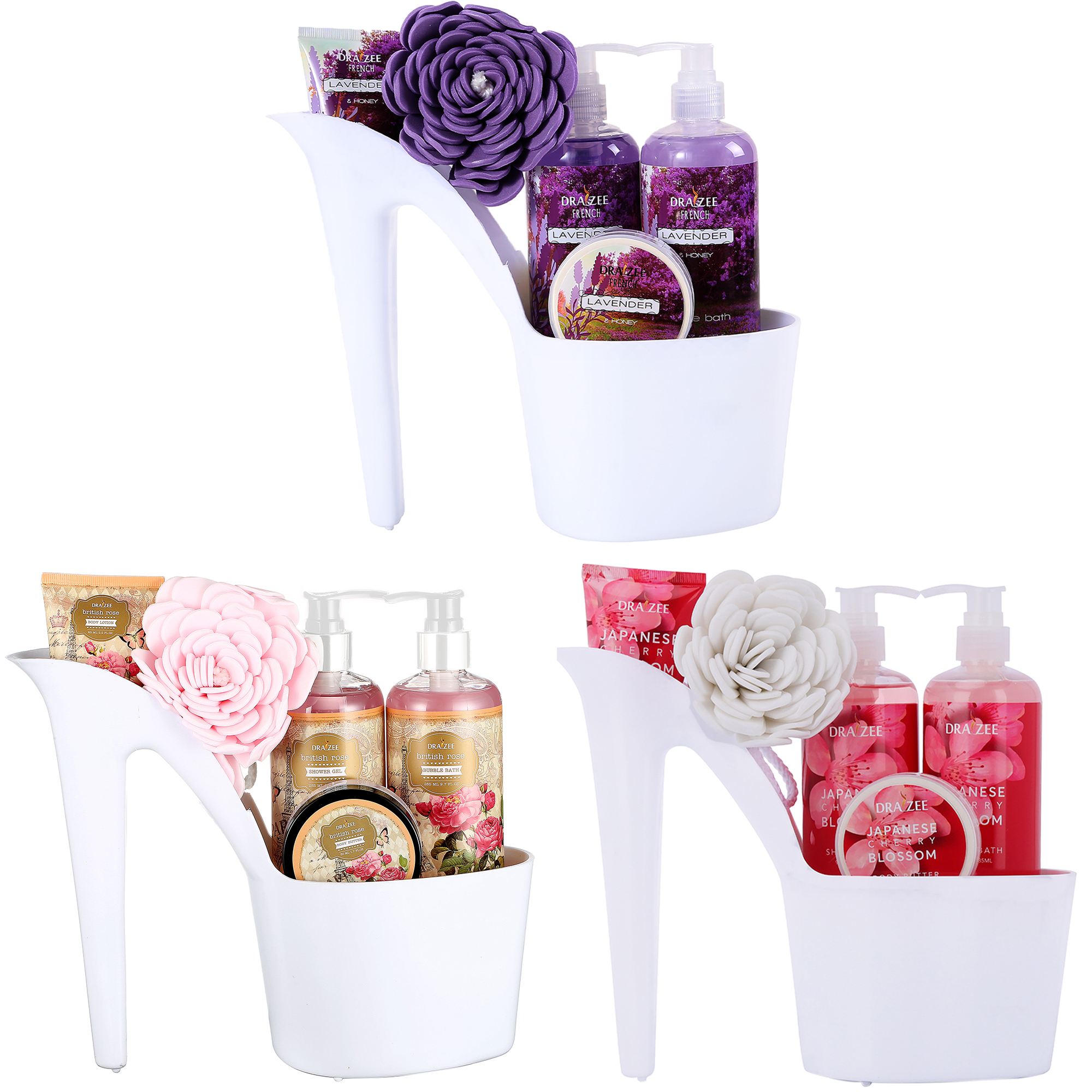 Set Of 3 Draizee 15 Pcs Scented Spa Gift Basket Rose, Cherry, Lavender With Shower Gel, Bubble Bath, Body Butter & Lotion, Soft Bath Puff