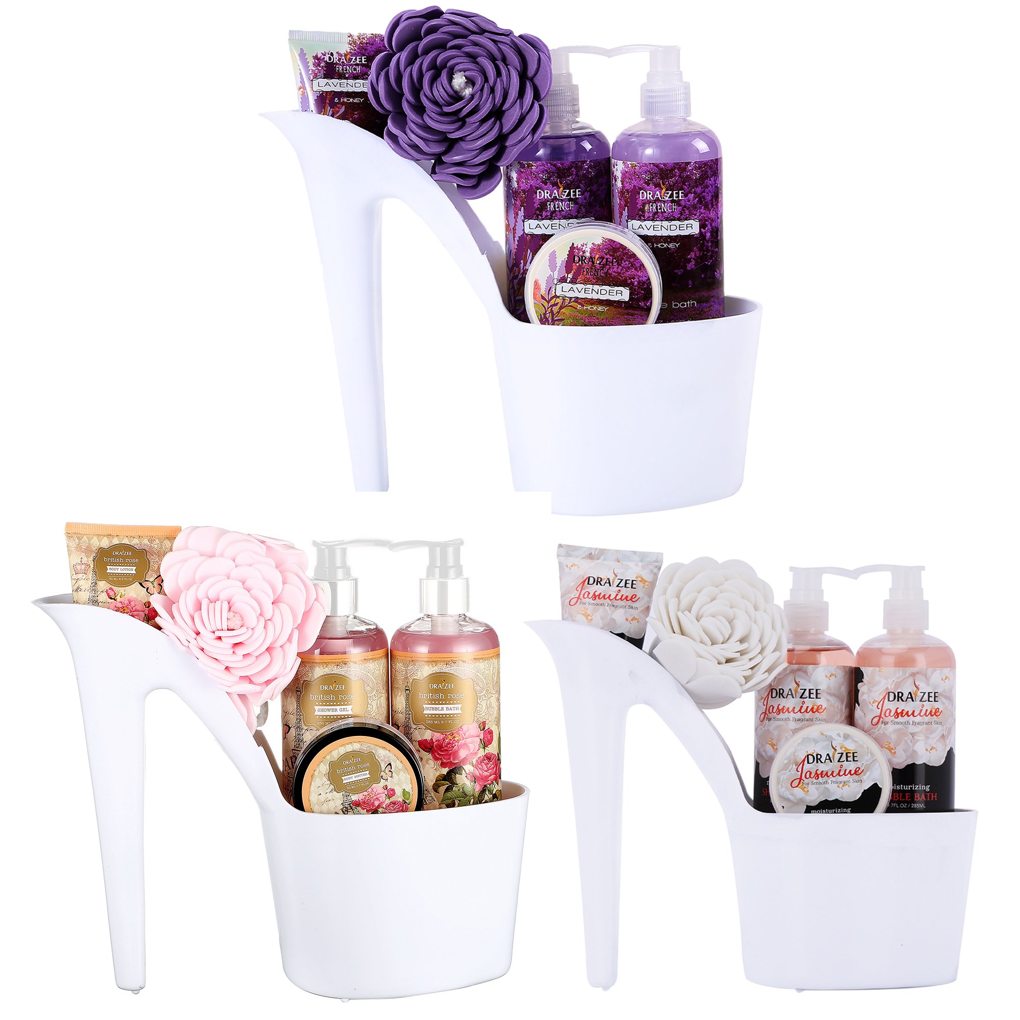 Set Of 3 Draizee 15 Pcs Scented Spa Gift Basket Rose, Lavender, Jasmine With Shower Gel, Bubble Bath, Body Butter & Lotion, Soft Bath Puff