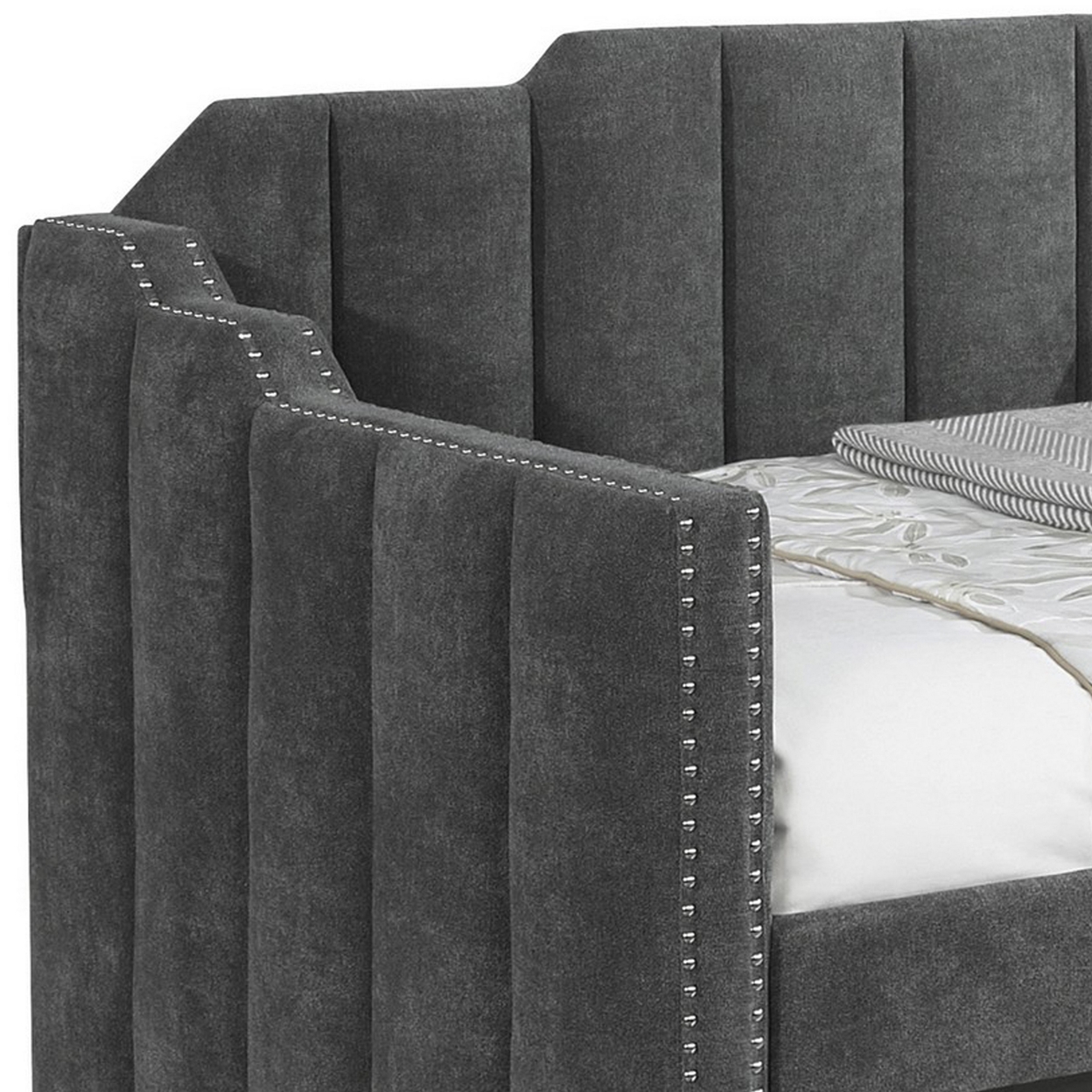 Tara Notched Twin Daybed With Trundle, Nailheads, Gray Velvet Upholstery- Saltoro Sherpi