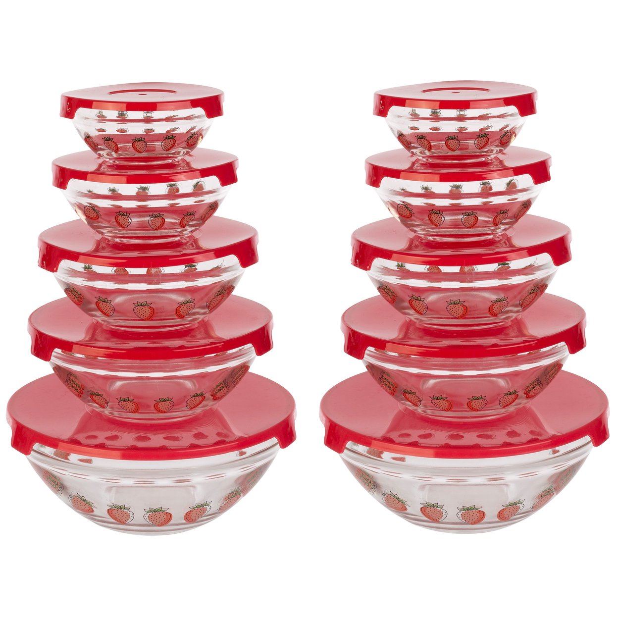 20PC Glass Bowls With Lids Set Strawberry Design Mixing Bowls Multiple Sizes