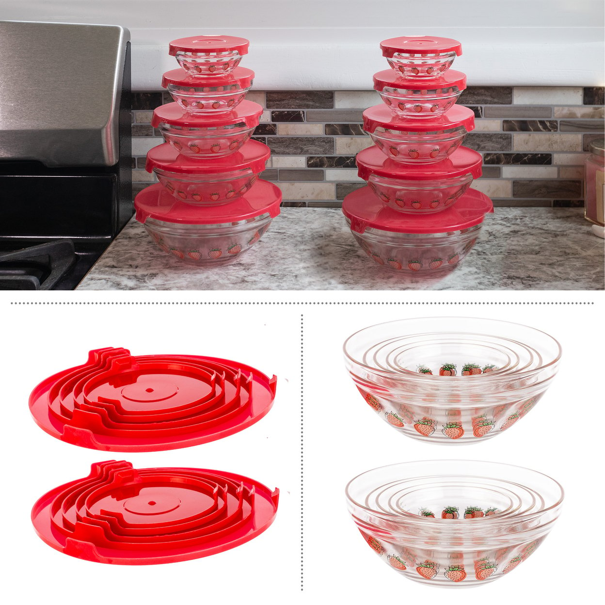 20PC Glass Bowls With Lids Set Strawberry Design Mixing Bowls Multiple Sizes