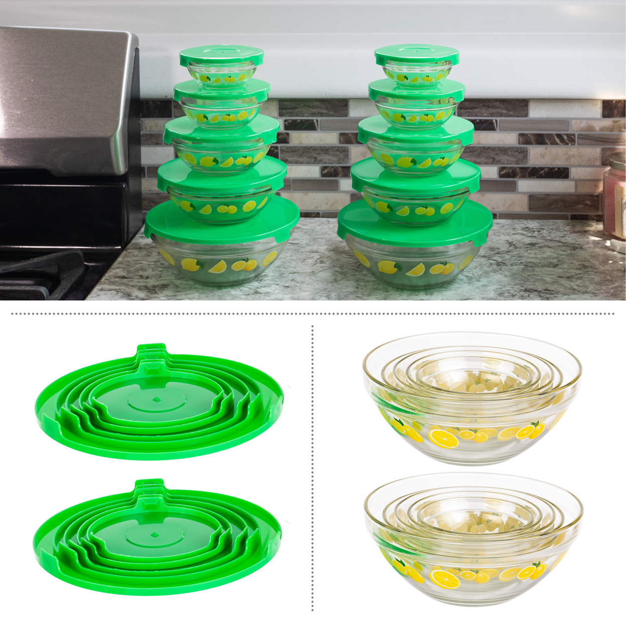 20-Piece Glass Bowls With Lids Set Lemon Design Mixing Bowls Set Multiple Sizes