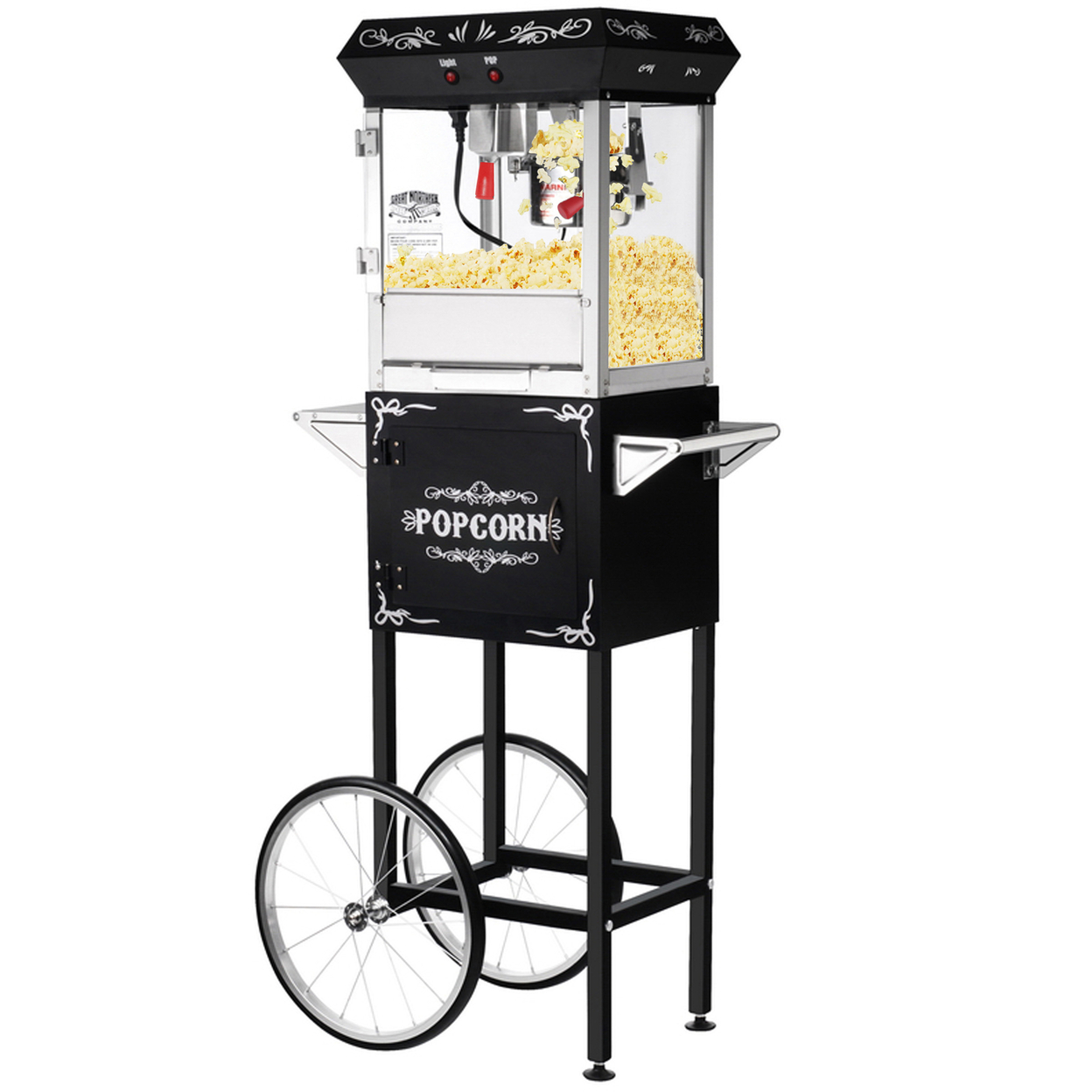 Popcorn Machine With Cart 6oz Popper, Stainless Kettle, Warming Tray, Black