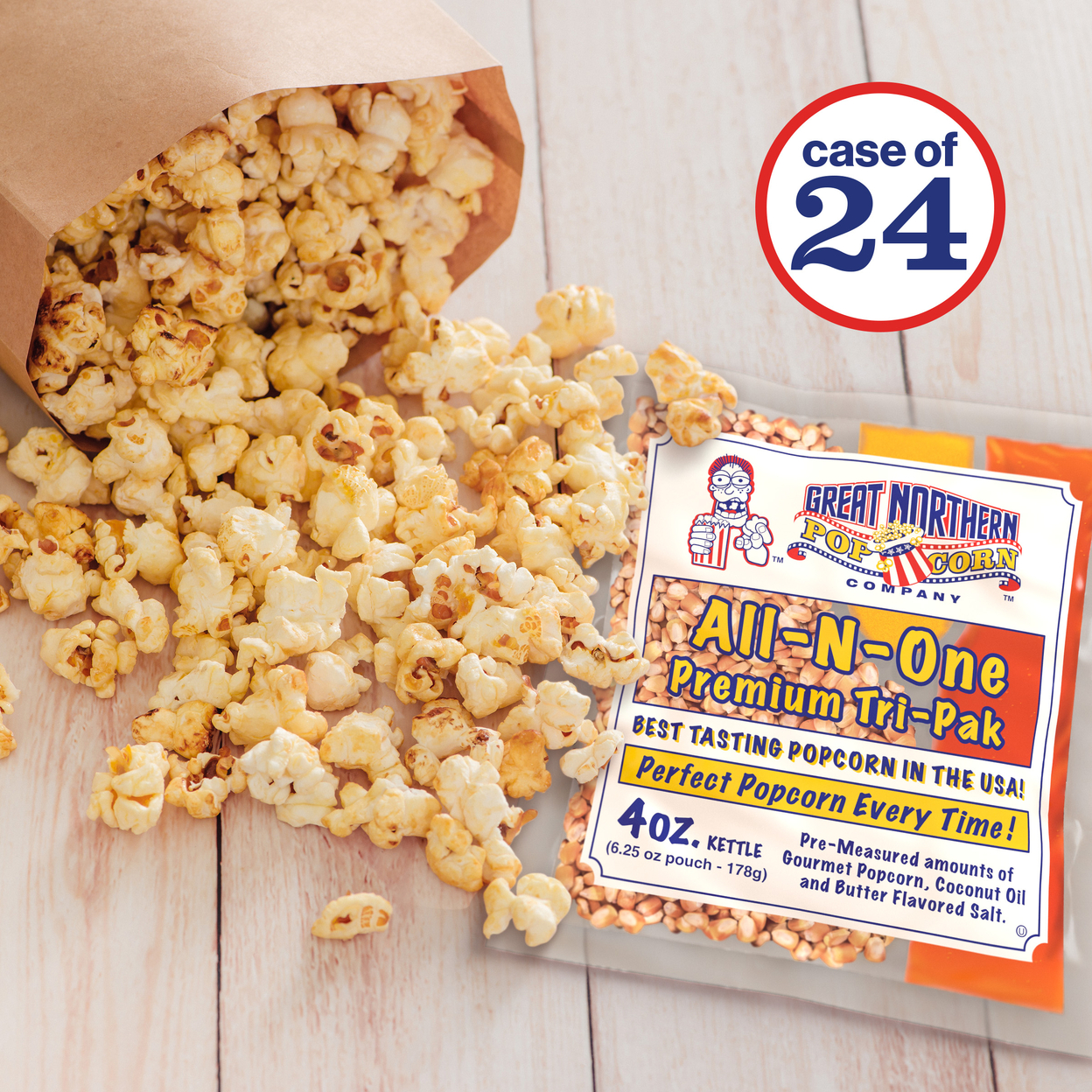Case Of 24 Popcorn Packs Oil Salt Portion Tri-Packs 4 Ounce Just Pour And Pop