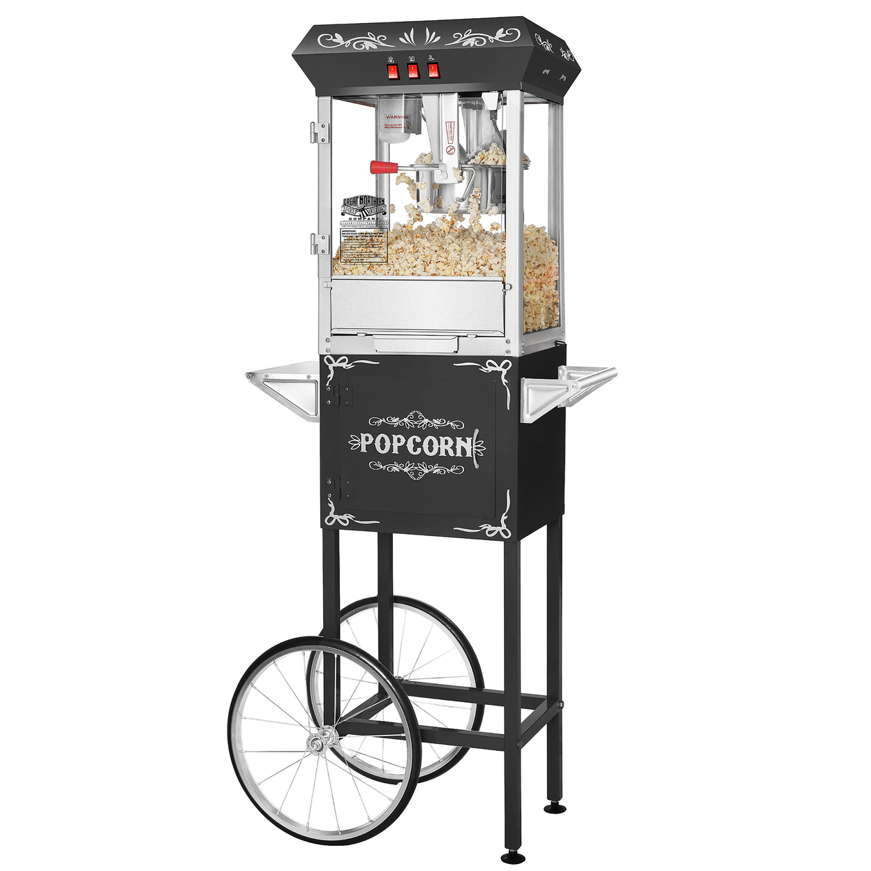 Popcorn Machine With Cart 8oz Popper, Stainless Kettle, Warming Light, Black