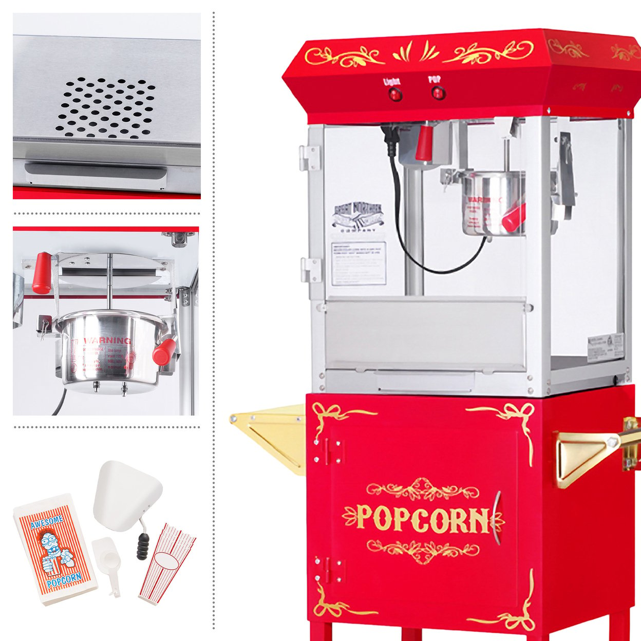 Popcorn Machine With Cart 6oz Popper Stainless Kettle Warming Deck Drawer Red