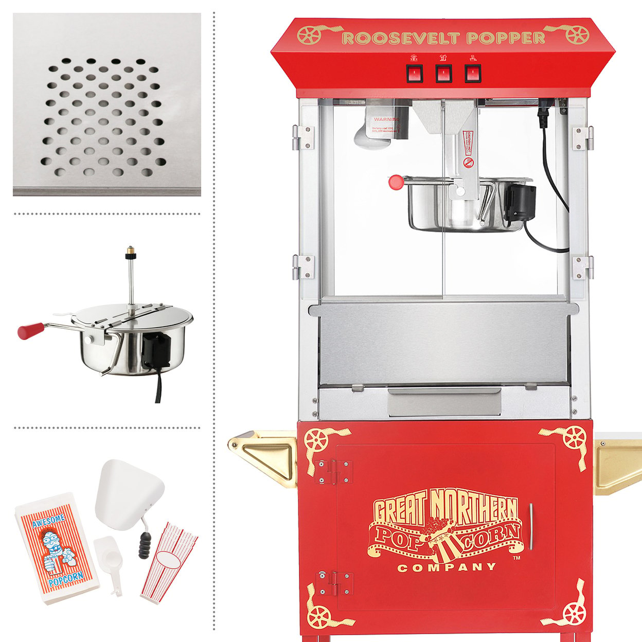 Professional Red Popcorn Machine With Cart 8 Oz Popper Stainless Steel Kettle
