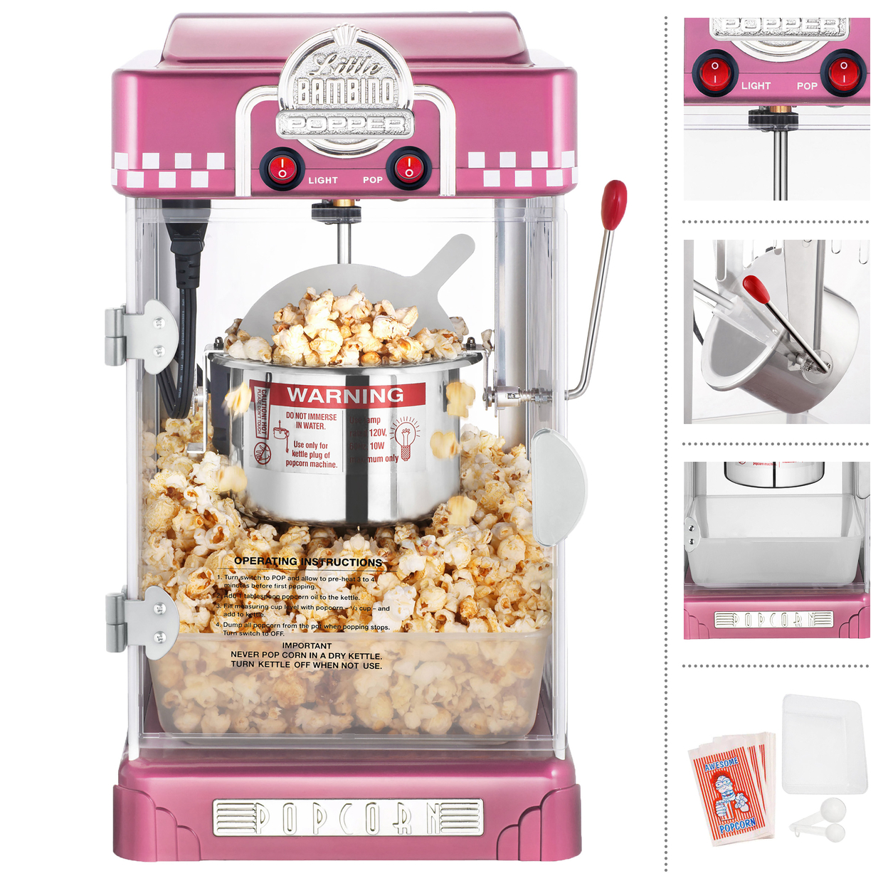 Little Bambino Popcorn Machine, 2.5oz Kettle, Spoon, Scoop, 25 Bags, Pink