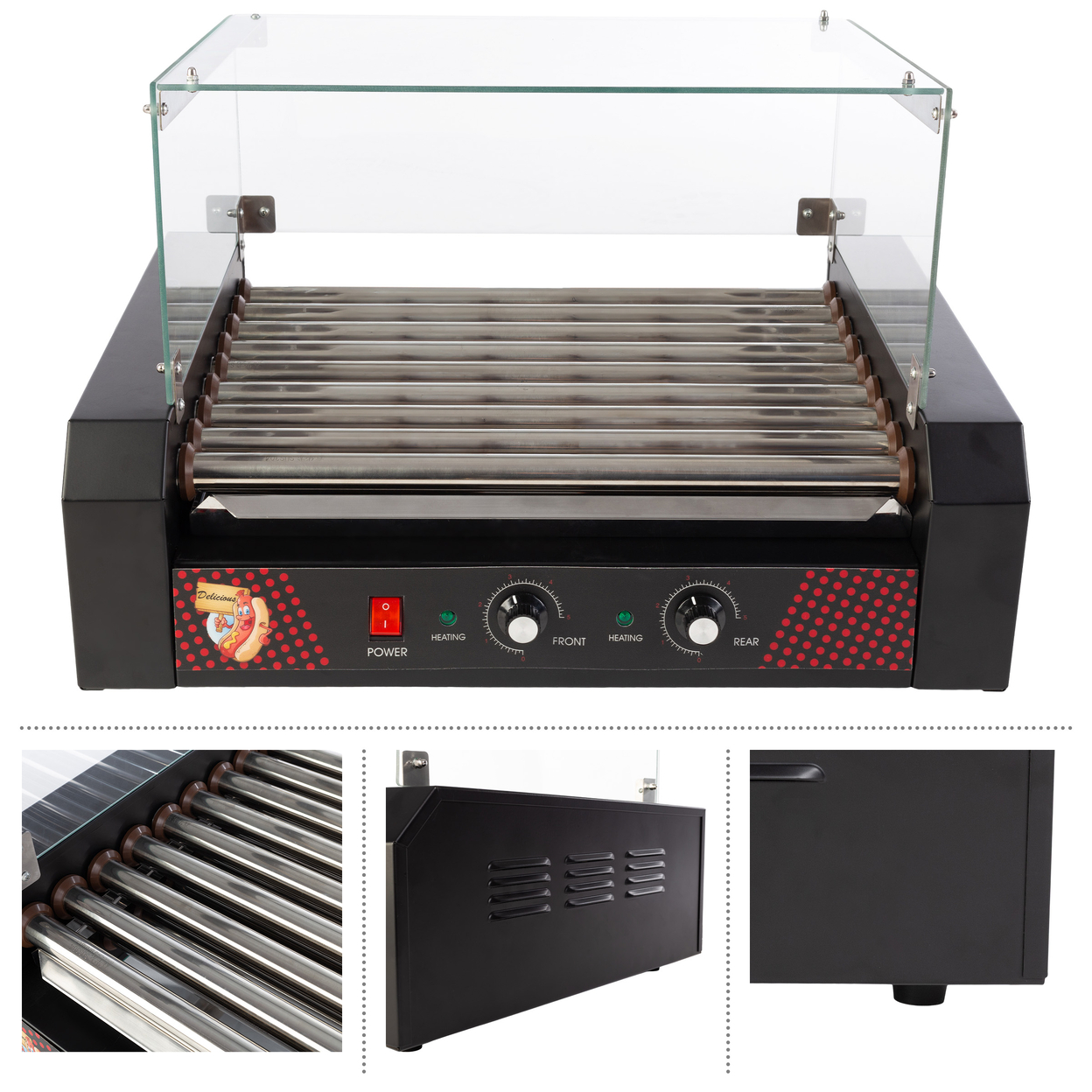 Hot Dog Roller Machine With Cover 1170W Stainless Cooker 24 Hotdog Capacity