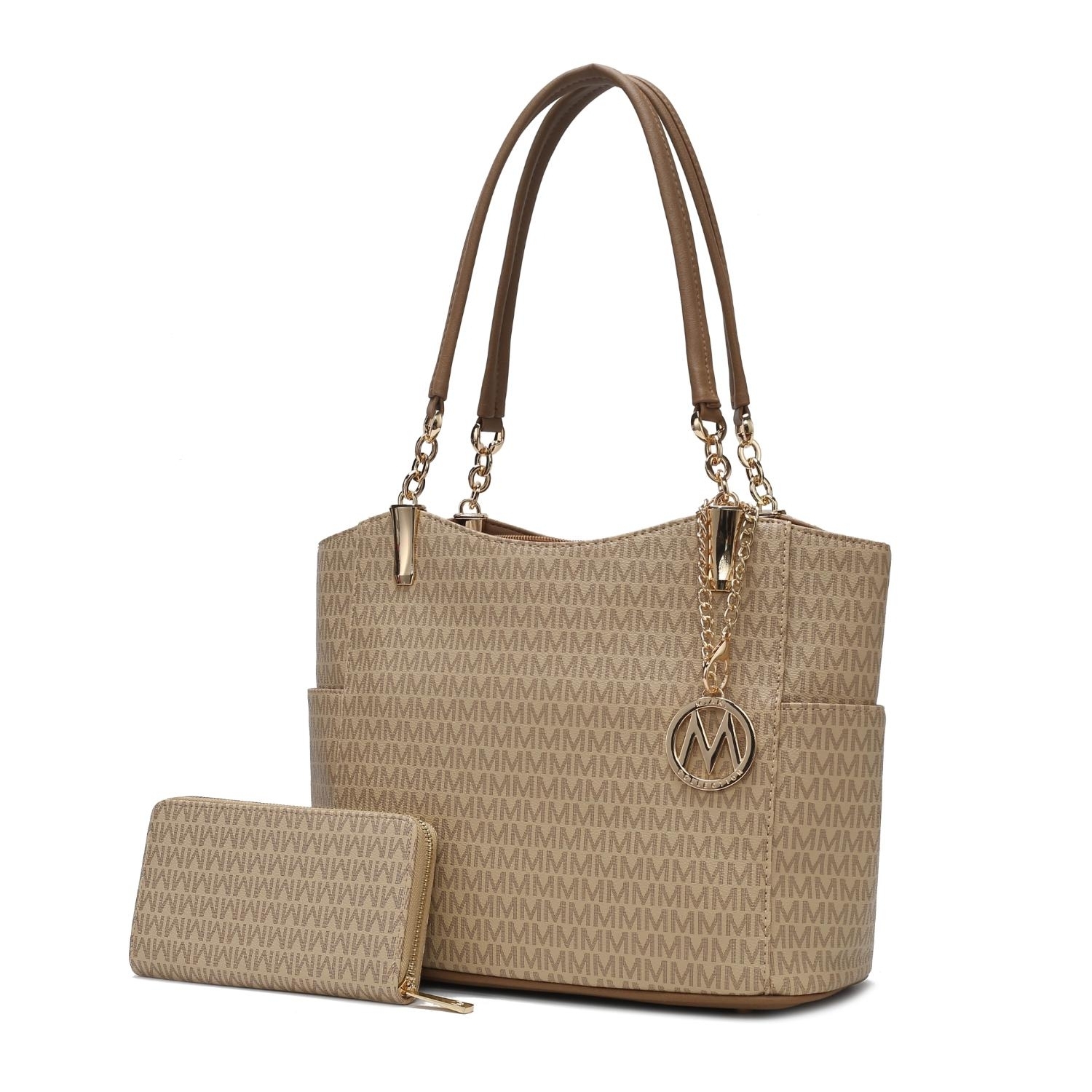MKF Collection Savannah M Logo Printed Vegan Leather Women's Tote And Wristlet Wallet - 2 Pieces By Mia K - Beige