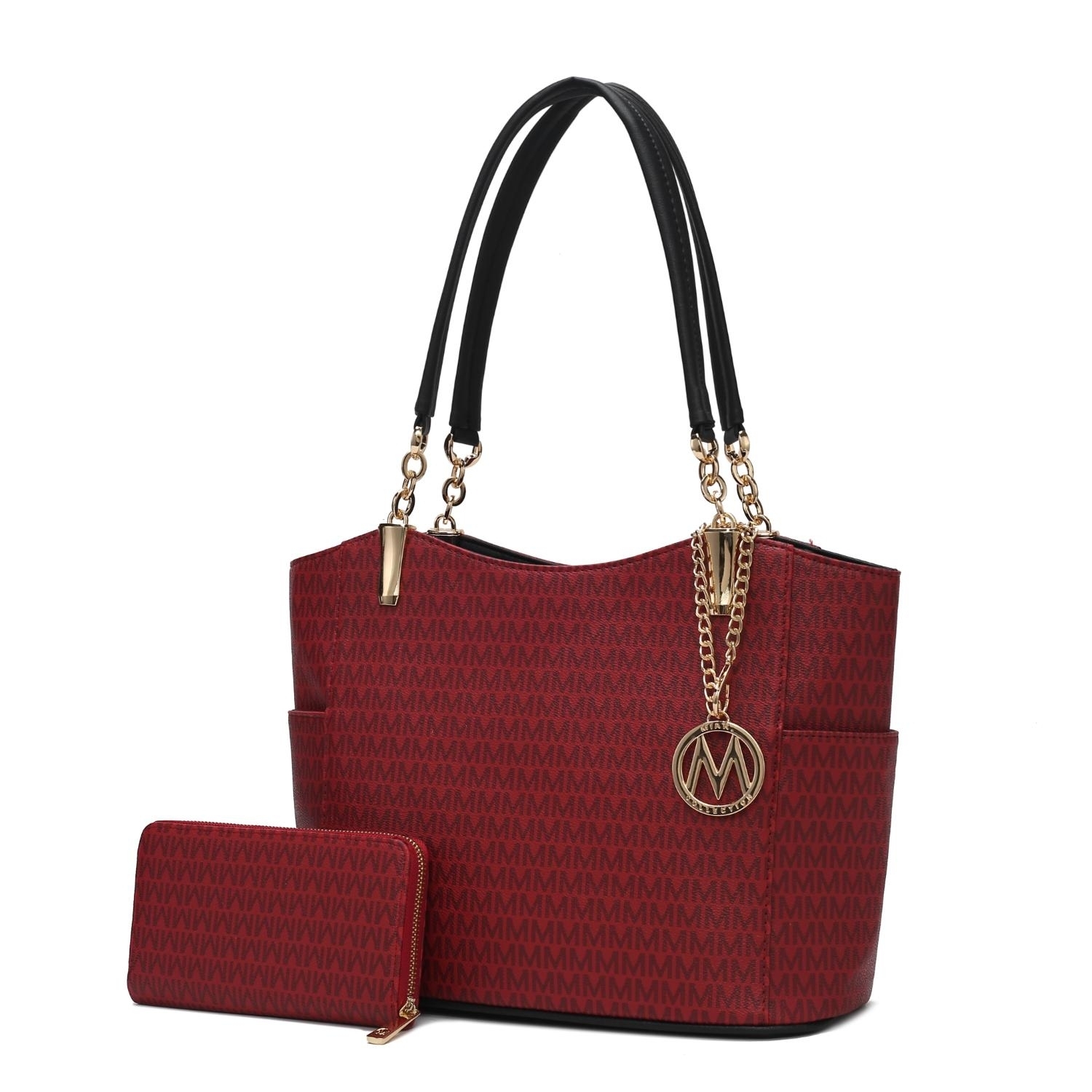 MKF Collection Savannah M Logo Printed Vegan Leather Women's Tote And Wristlet Wallet - 2 Pieces By Mia K - Burgundy