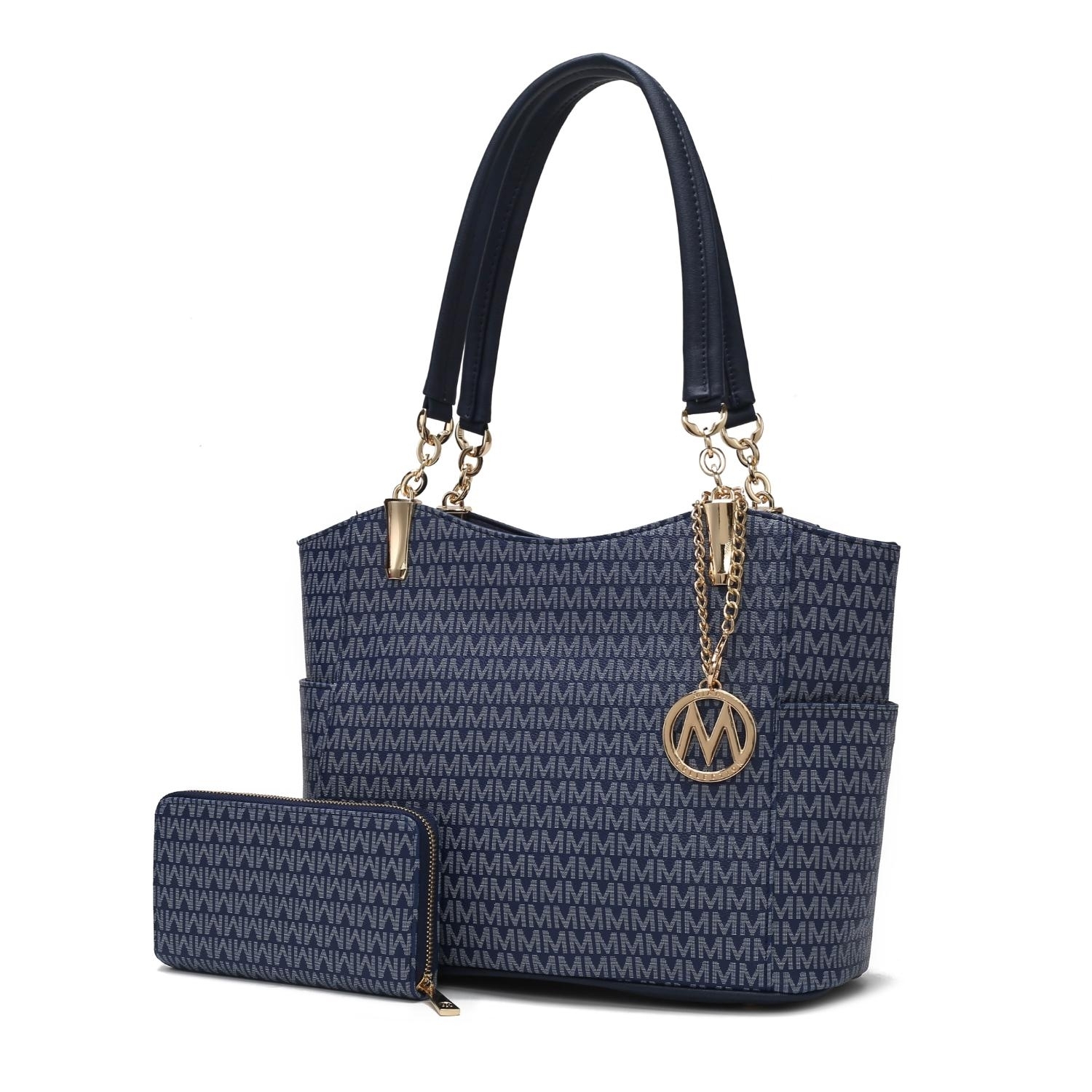 MKF Collection Savannah M Logo Printed Vegan Leather Women's Tote And Wristlet Wallet - 2 Pieces By Mia K - Navy