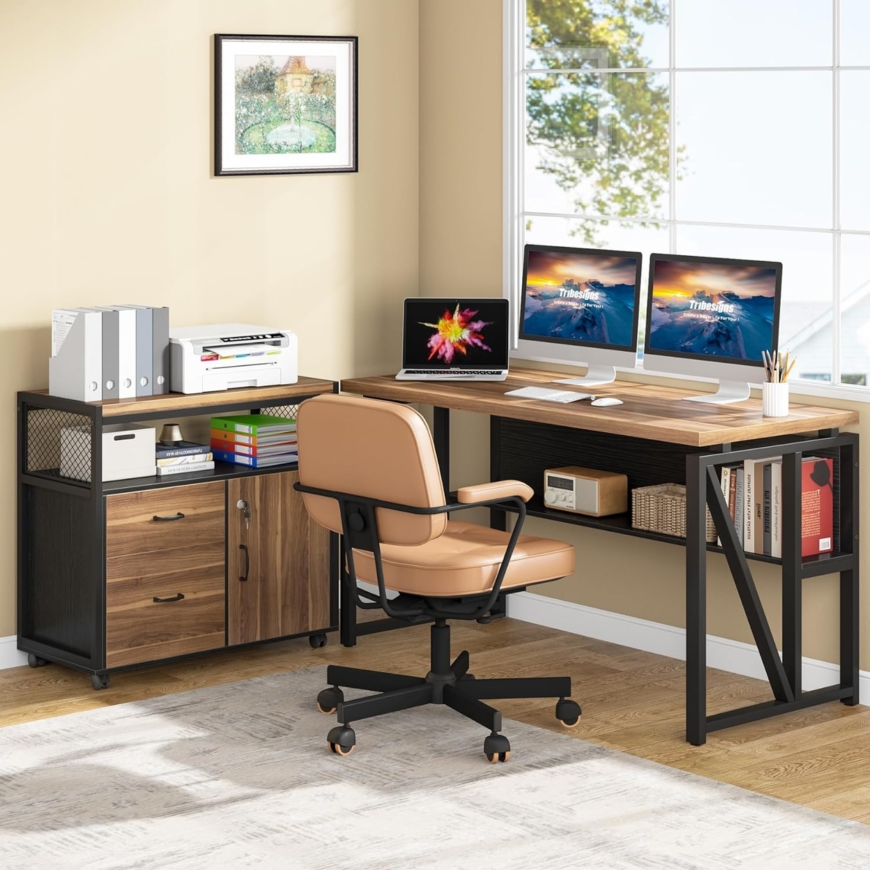 Tribesigns Office Desk With Drawers, 55 L Shaped Computer Desk With Storage Shelves And Mobile File Cabinet