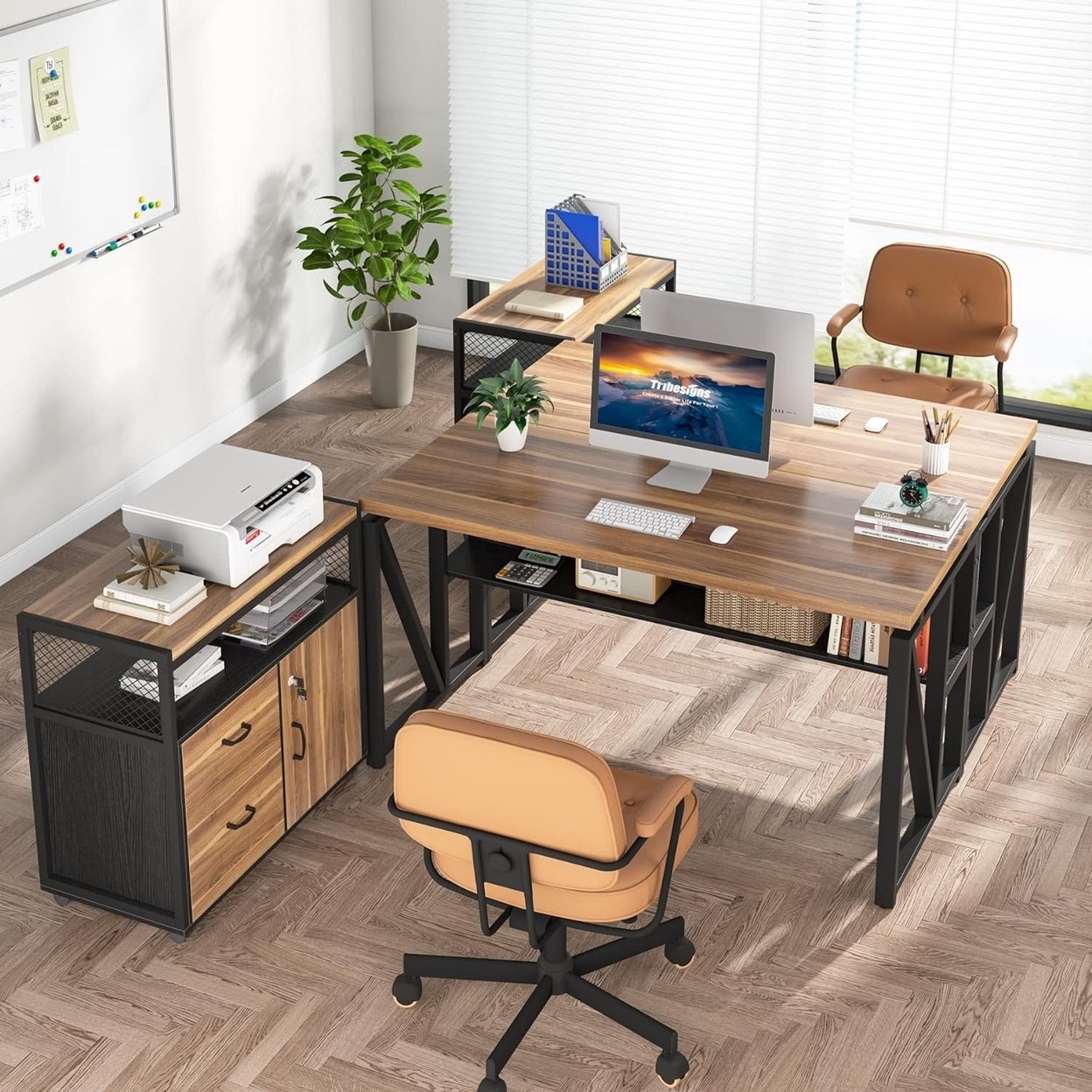 Tribesigns Office Desk With Drawers, 55 L Shaped Computer Desk With Storage Shelves And Mobile File Cabinet