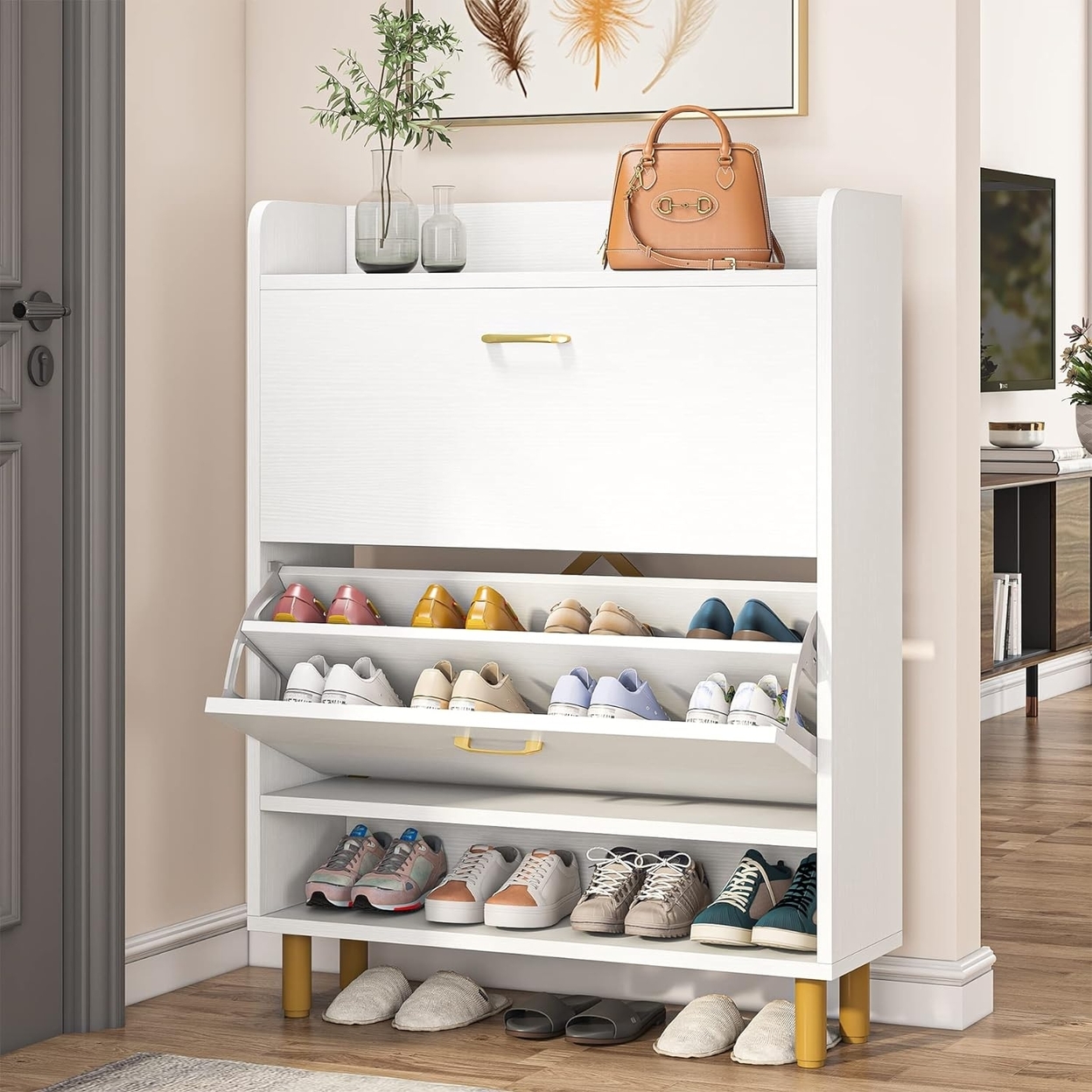 Tribesigns Shoe Cabinet, 2-Tier Shoe Storage Cabinet With Flip Doors, Vintage Entryway Shoe Organizer Rack With Open Shelves - White And Gol