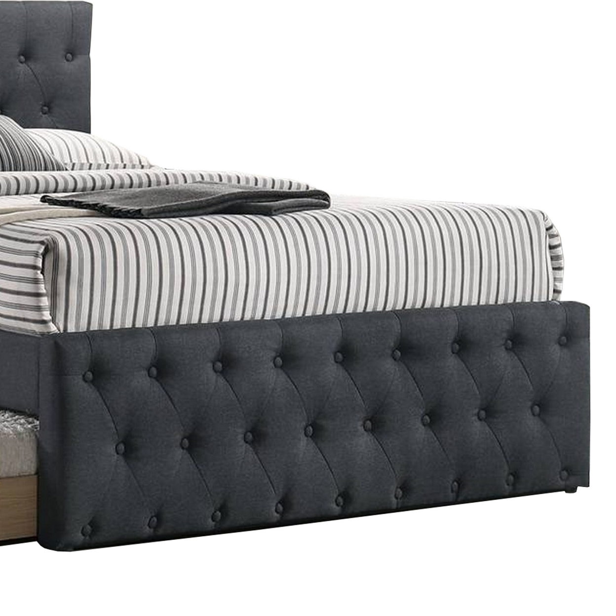 Nek Full Size Upholstered Bed With Twin Trundle, Tufted Charcoal Burlap- Saltoro Sherpi
