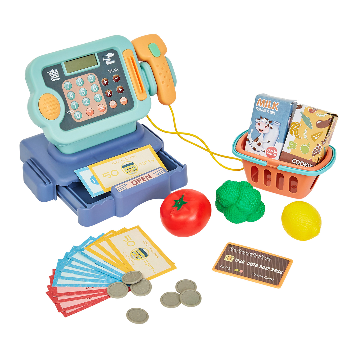 Blue Cash Register Pretend Grocery Store Play Toy Kids Food Money 30 Pc