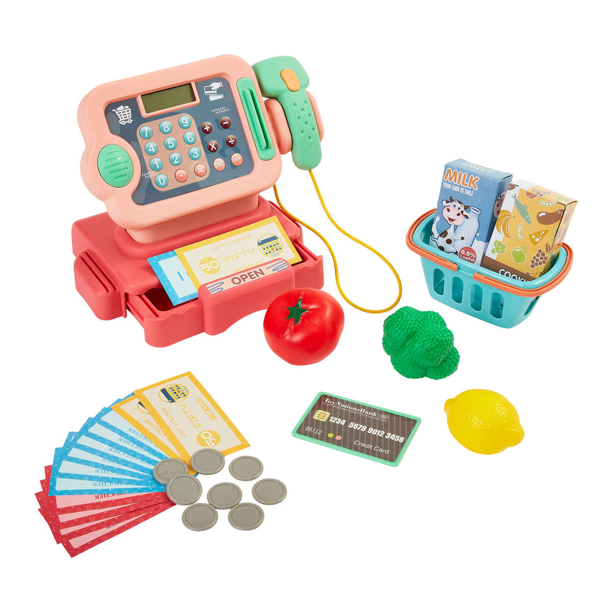Pink Cash Register Pretend Grocery Store Play Toy Kids Food Money 30 Pc