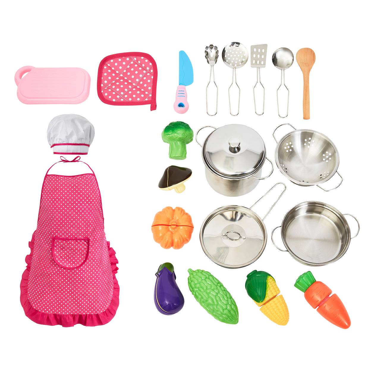 23-Piece Child Chef Set Play Kitchen Accessories, Cookware, Veggies, Utensils