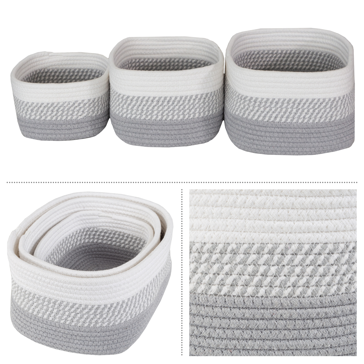 3-Piece Storage Basket Set Small Medium Large Rope Baskets For All Rooms, Gray