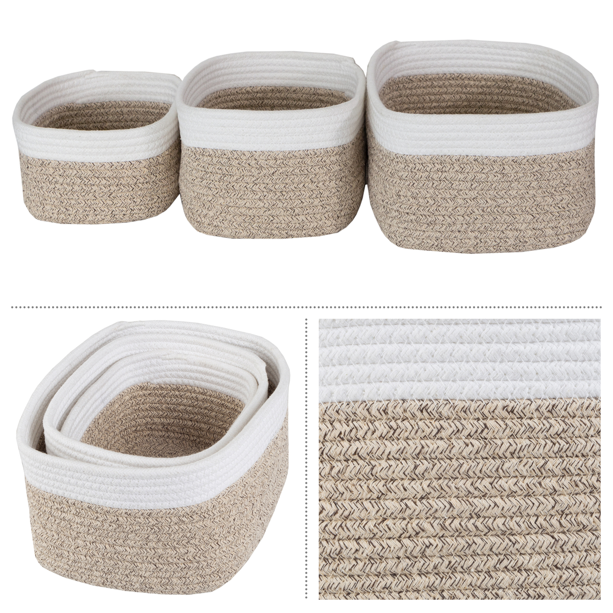 3pc Storage Basket Set Small Medium Large Rope Baskets For All Rooms, Natural