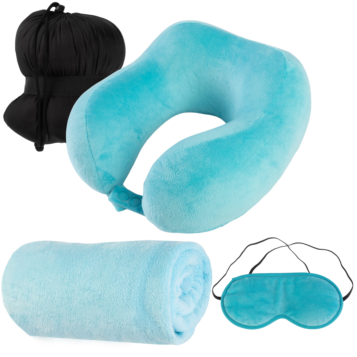 Travel Pillow Set Memory Foam Pillow, Fleece Blanket, And Eye Mask, Blue