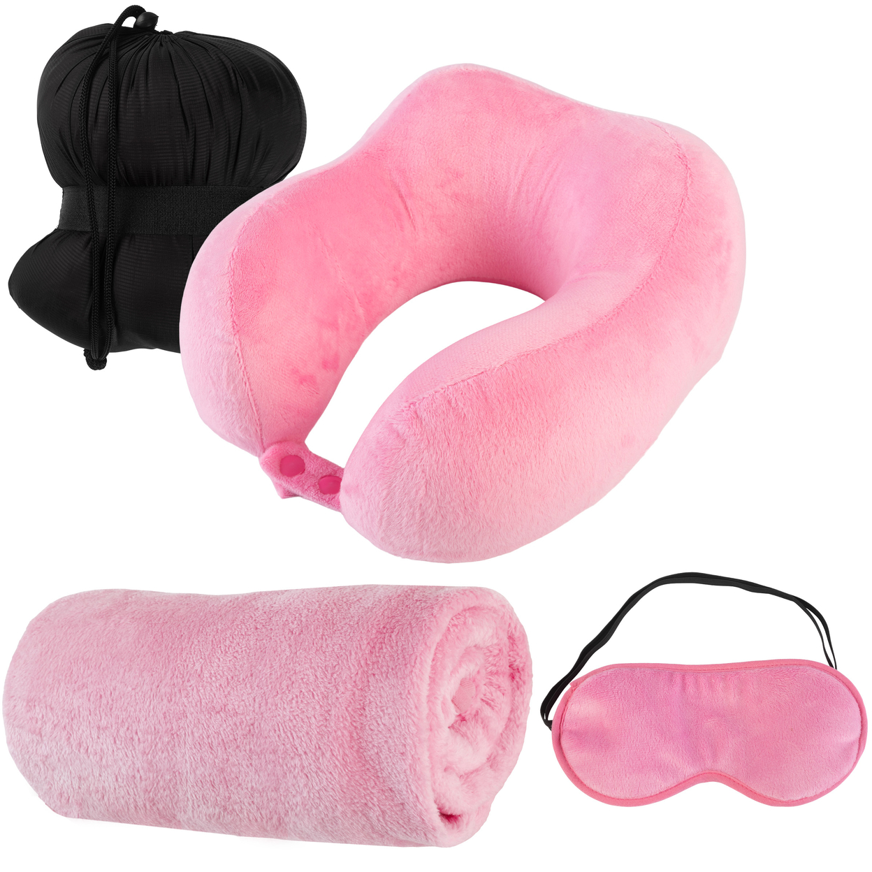 Travel Pillow Set Memory Foam Pillow, Fleece Blanket, And Eye Mask, Pink