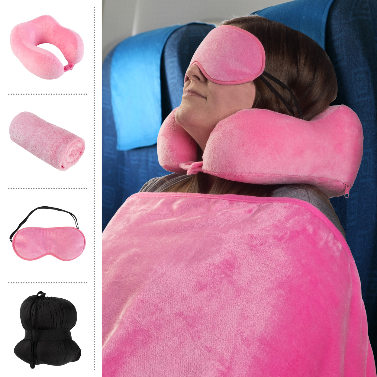 Travel Pillow Set Memory Foam Pillow, Fleece Blanket, And Eye Mask, Pink