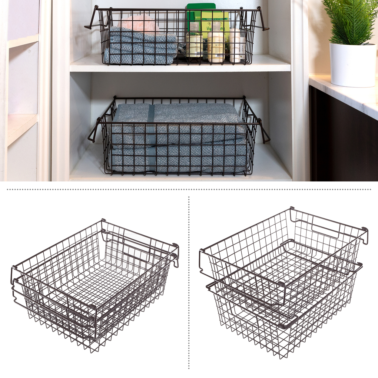 2 Storage Bins Large Shelf Organizers For Kitchen Bathroom Storage, Brown