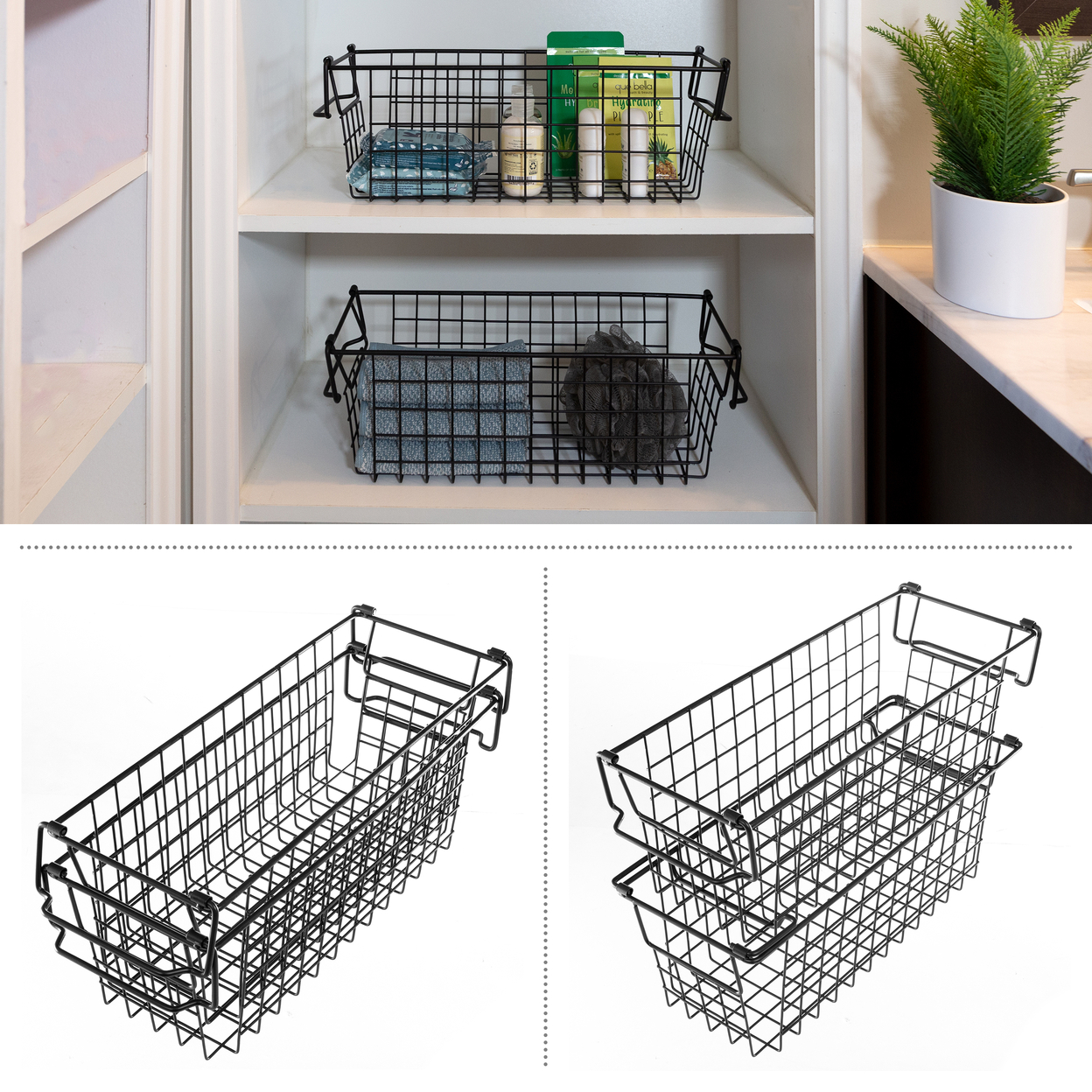 2 Storage Bins Small Shelf Organizers For Kitchen Bathroom Storage, Black