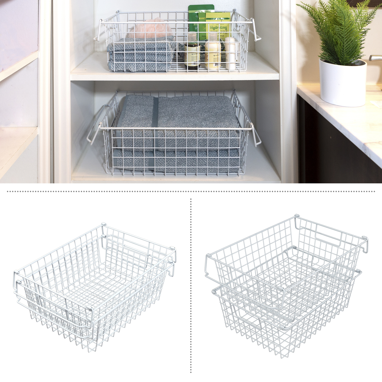 2 Storage Bins Large Shelf Organizers For Kitchen Bathroom Storage, White
