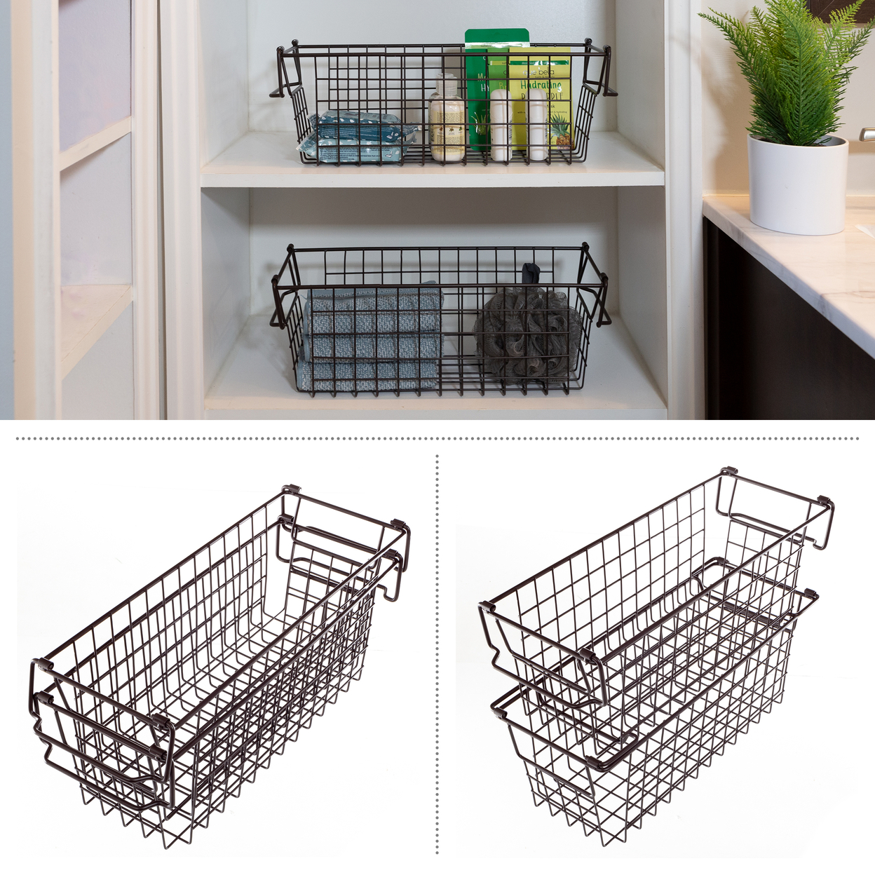 2 Storage Bins Small Shelf Organizers For Kitchen Bathroom Storage, Brown