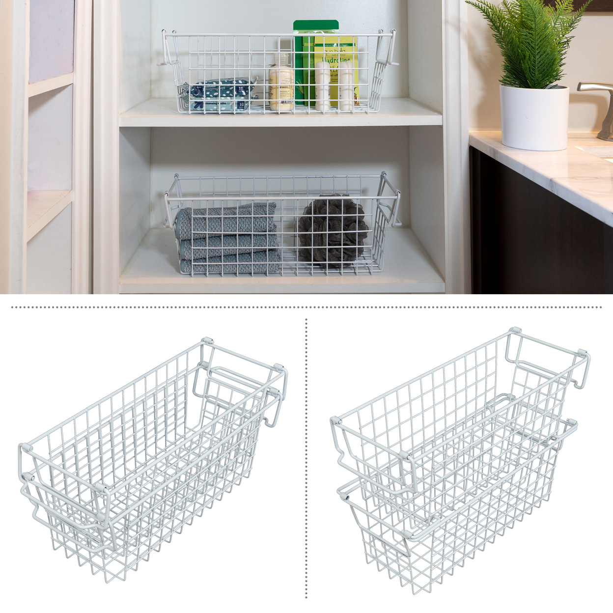 2 Storage Bins Small Shelf Organizers For Kitchen Bathroom Storage, White