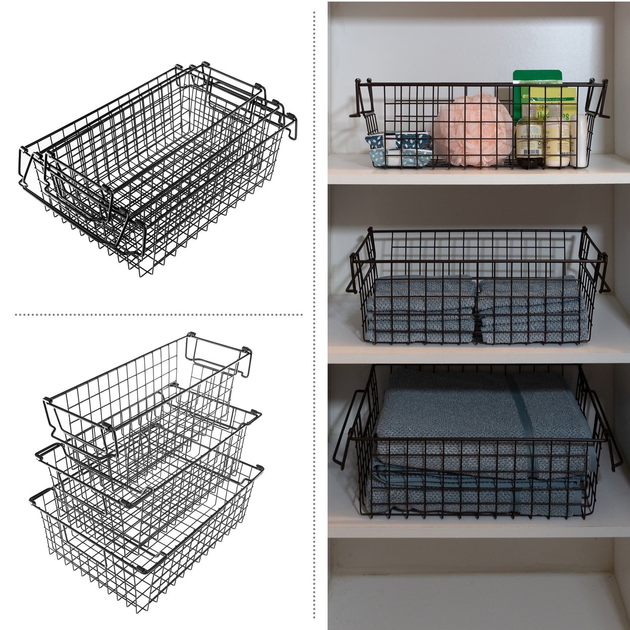 3 Storage Bins Basket Set Storage Small Medium Large Shelf Organizers, Black