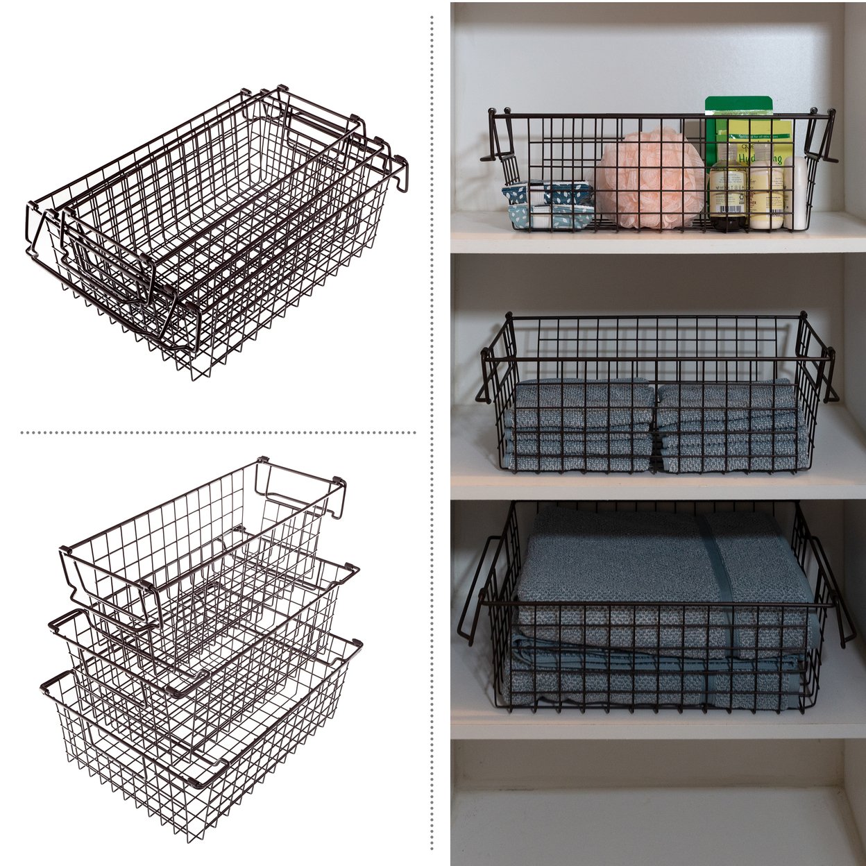 3 Storage Bins Basket Set Storage Small Medium Large Shelf Organizers, Brown