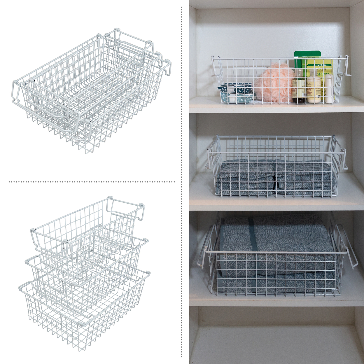 3 Storage Bins Basket Set Storage Small Medium Large Shelf Organizers, White