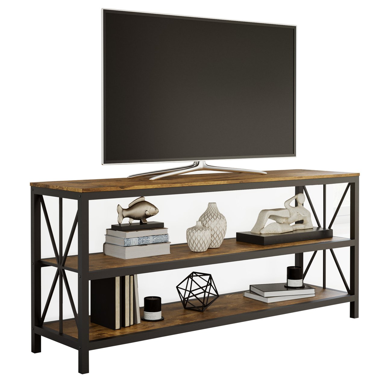 Farmhouse TV Stand 3-Tier Open Back Entertainment Center For 70-inch Television