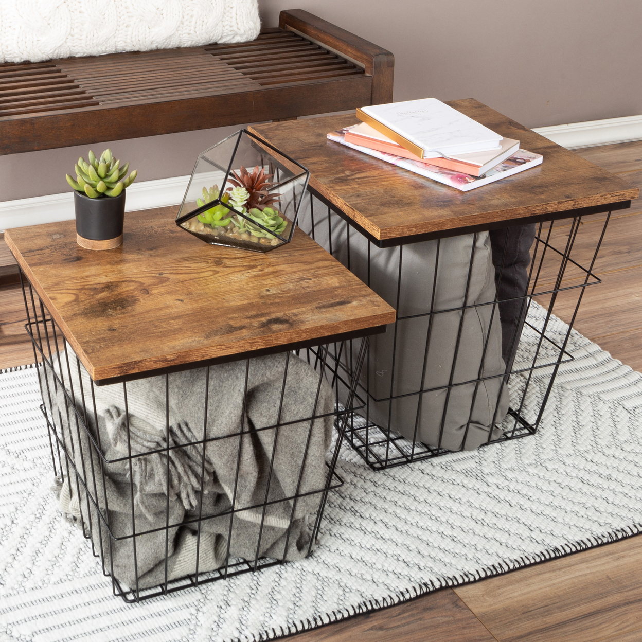 End Table With Storage 2 Nesting Tables Square Wire Basket Base And Wood Tops