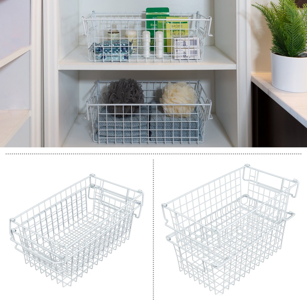 2 Storage Bins Medium Shelf Organizers For Kitchen Bathroom Storage, White