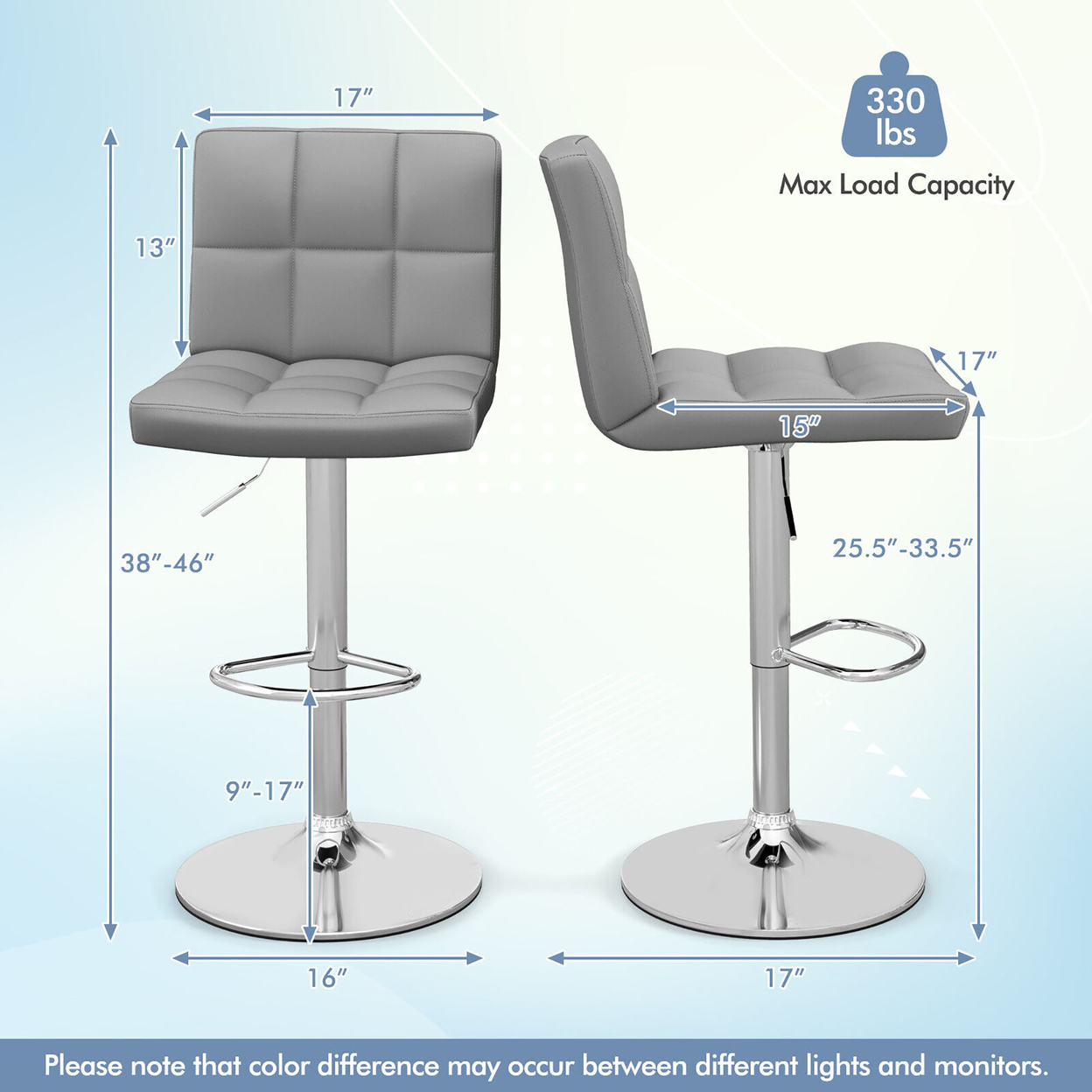 Adjustable Swivel Bar Stool Counter Height Bar Chair PU Leather W/ Back Grey