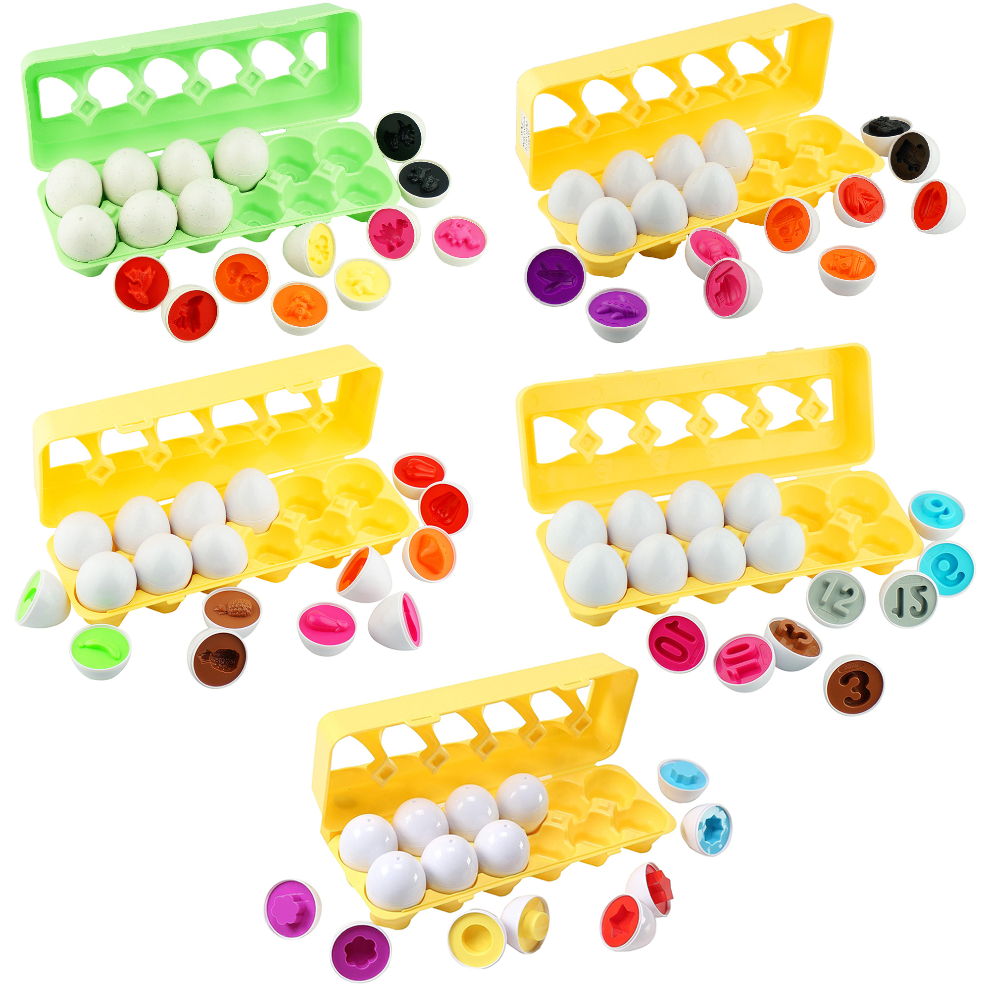 Dimple Fun Egg Matching Toy Set Of 5 (Total 60 Eggs) Toddler STEM Easter Eggs Toys -Shape, Numbers, Vegetable, Dinosaur