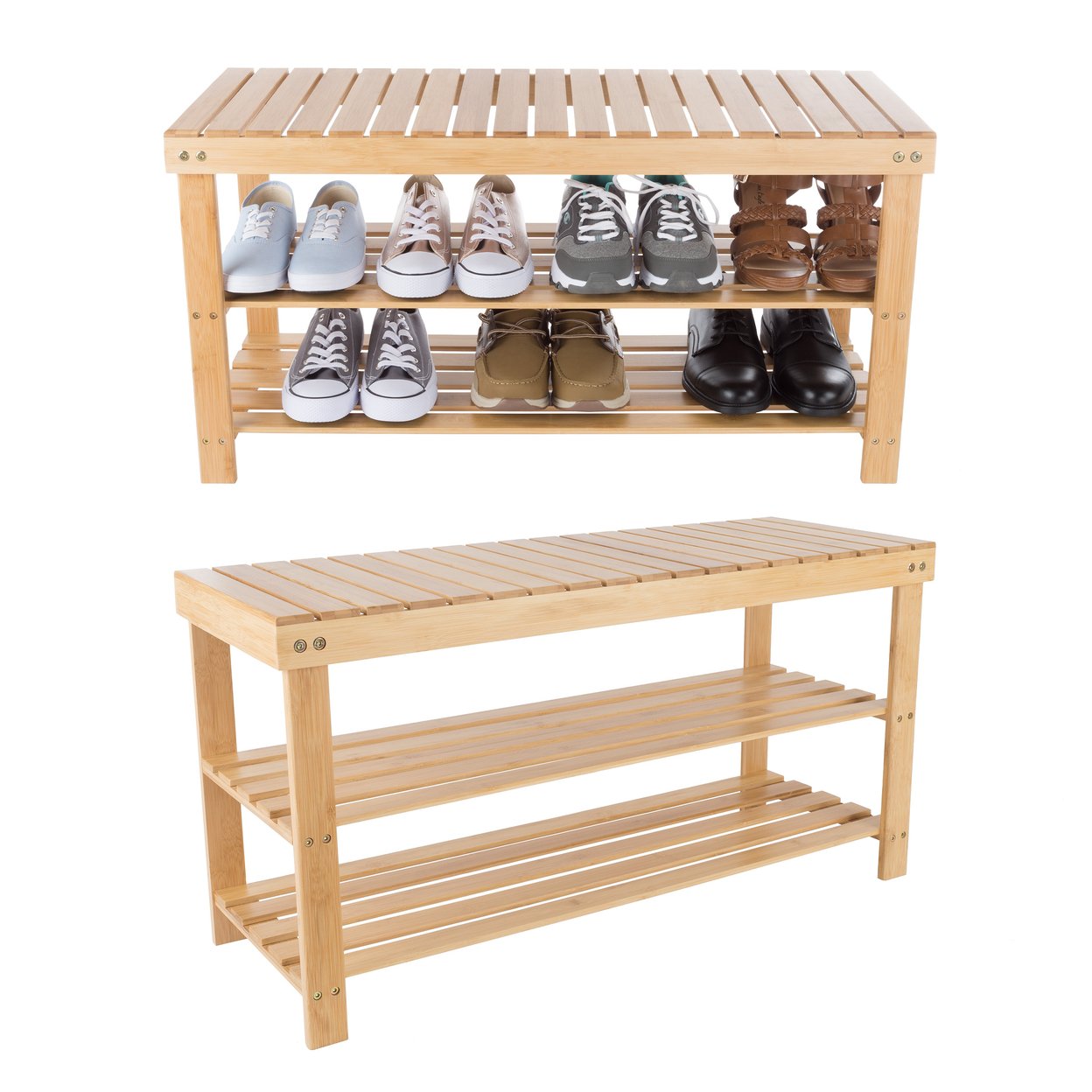 Wooden Bamboo Shoe Rack Seat Bench 3 Tiers 35 X 18 Inch Natural Wood 2 Shelves