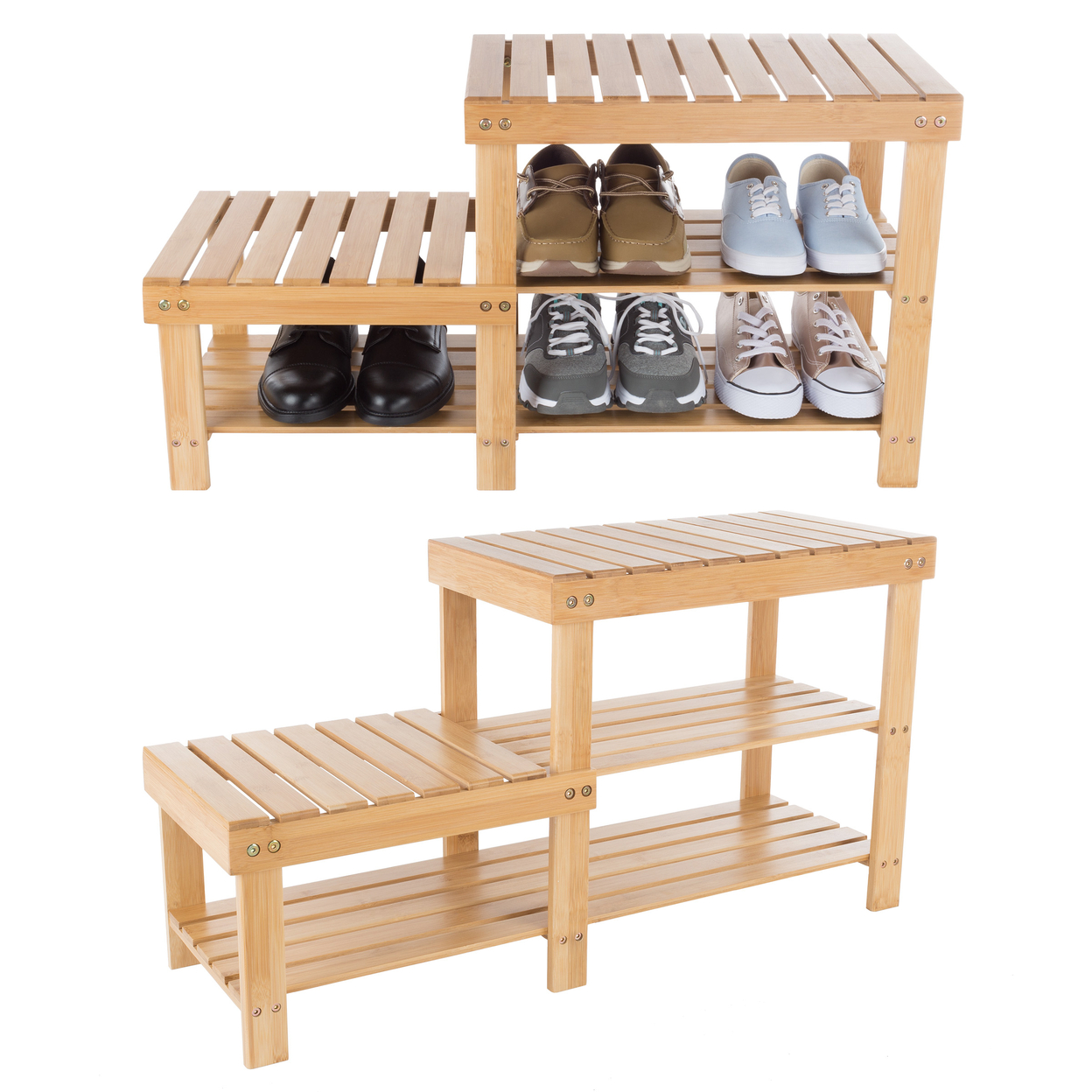 Wooden Bamboo Shoe Rack Seat 2 Tiers High Quality 33 X 18 Inch Natural Wood