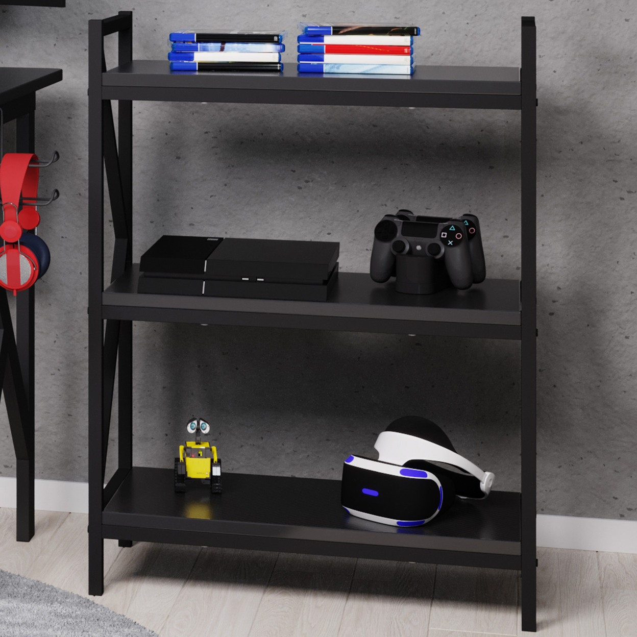 3-Shelf Bookcase Console Table With Carbon Fiber Finish & K-Shaped Legs, Black